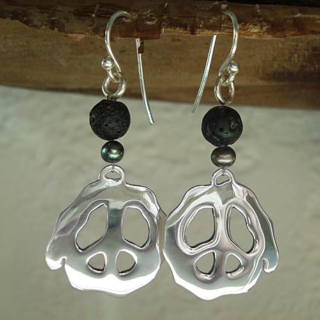 Peace Sign Earrings in sterling silver with lava stone and black freshwater pearl