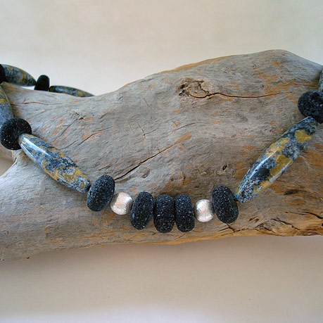 Necklace with madagascar agate, lava stones and sterling silver balls