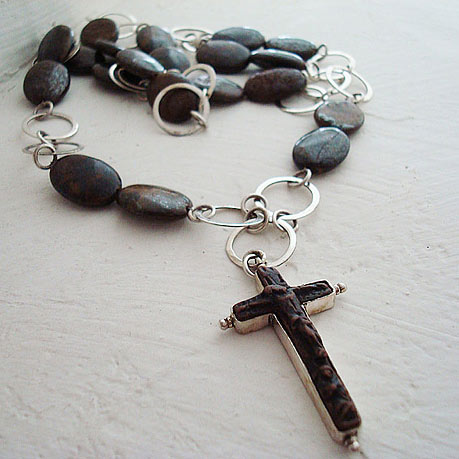 Antique Cross in sterling silver on a sterling silver chain with bronzites